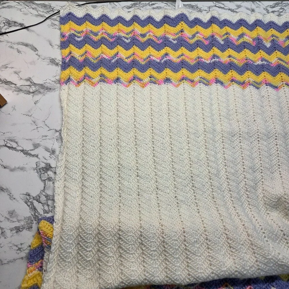 Handmade Yellow Purple Striped Crocheted Easter Baby Blanket